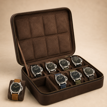 Étui à montres en cuir marron ouvert avec 7 montres et 1 montre posée à côté