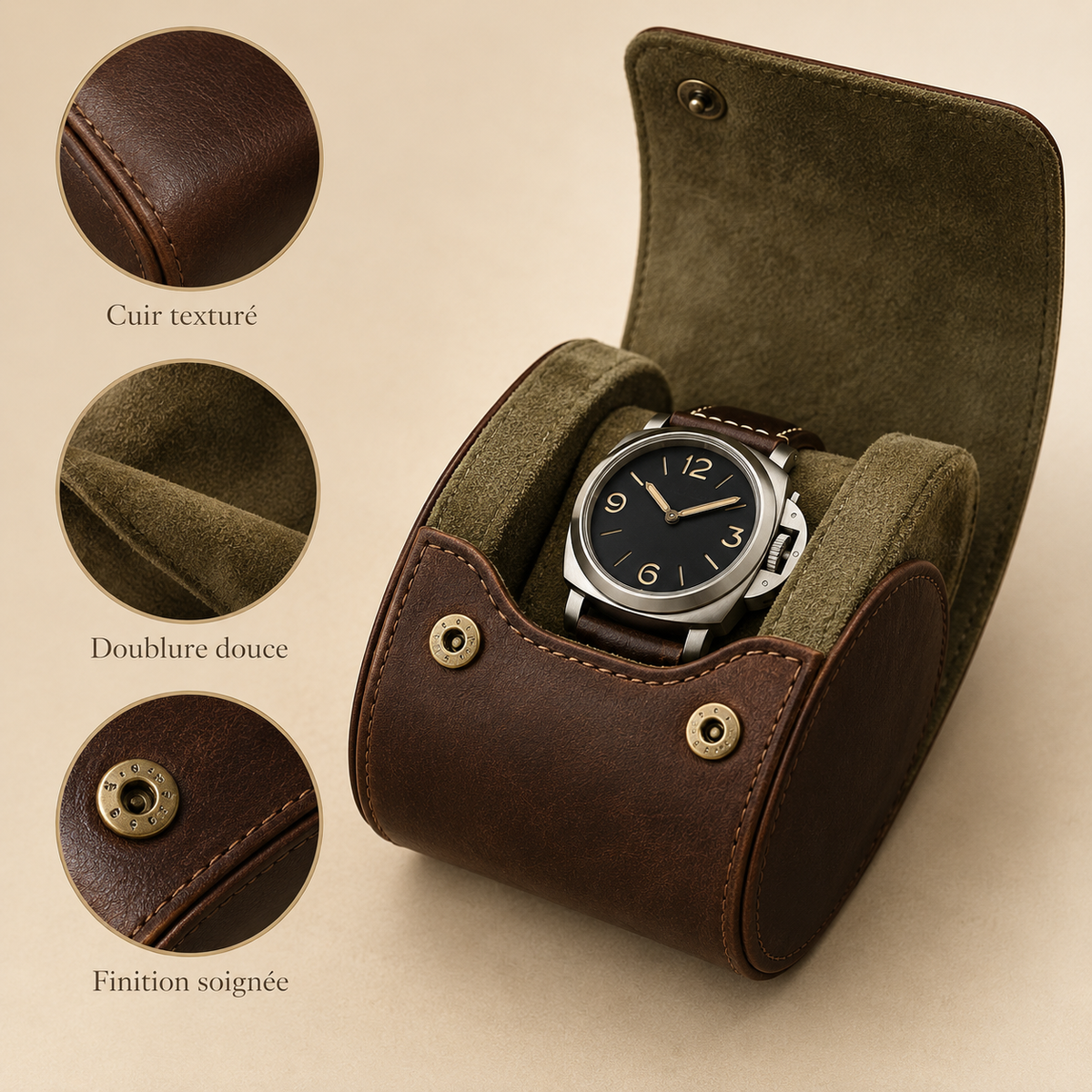 Étui à montre en cuir marron : cuir texturé, doublure douce, finition soignée
