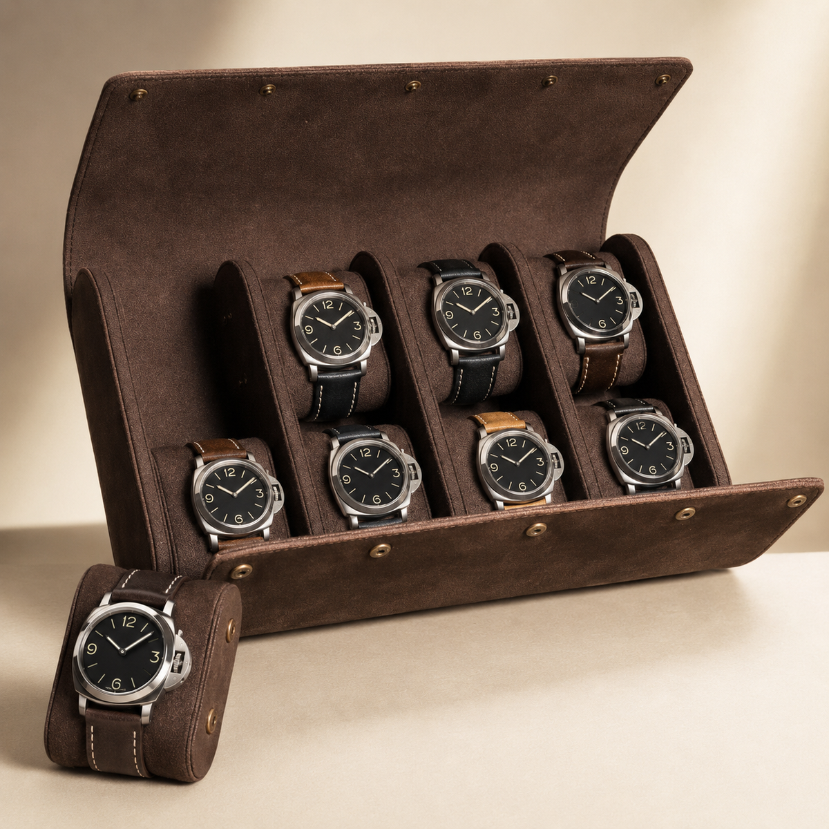 Étui de voyage à montres en cuir véritable marron à rabat avec plusieurs montres, dont une posée devant sur un coussin séparé