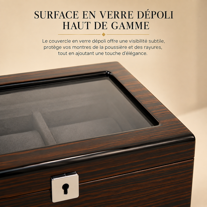 Boîte à montres en bois, détail du couvercle vitré