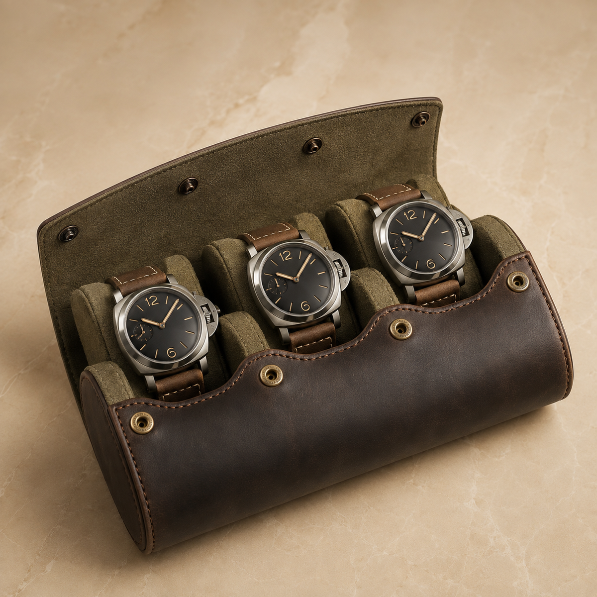 Étui à montres en cuir marron ouvert avec 3 montres, autre angle