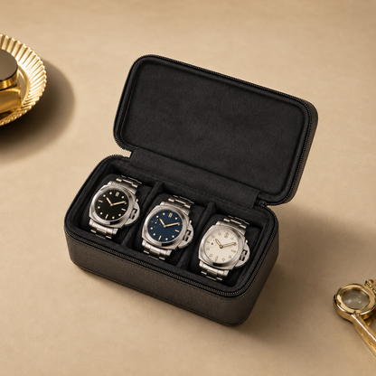 Étui à montres en cuir noir ouvert avec 3 montres, intérieur gris