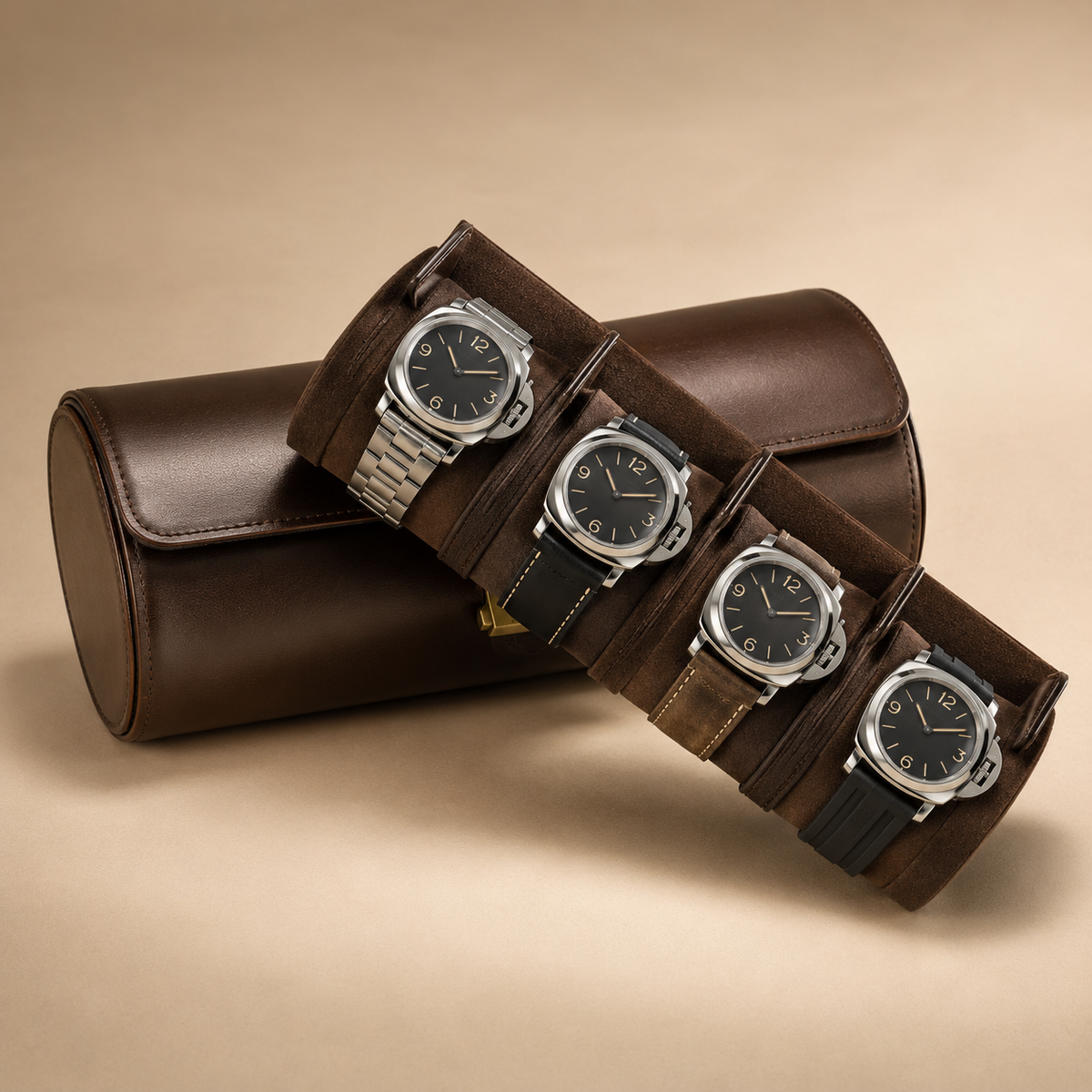 Rouleau intérieur avec 4 montres posé sur l'étui fermé