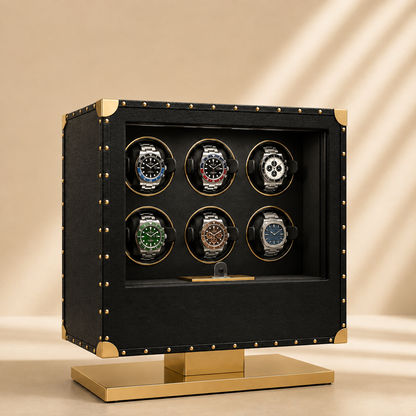 Remontoir automatique noir avec 6 montres, style malle, détails dorés – vue 2