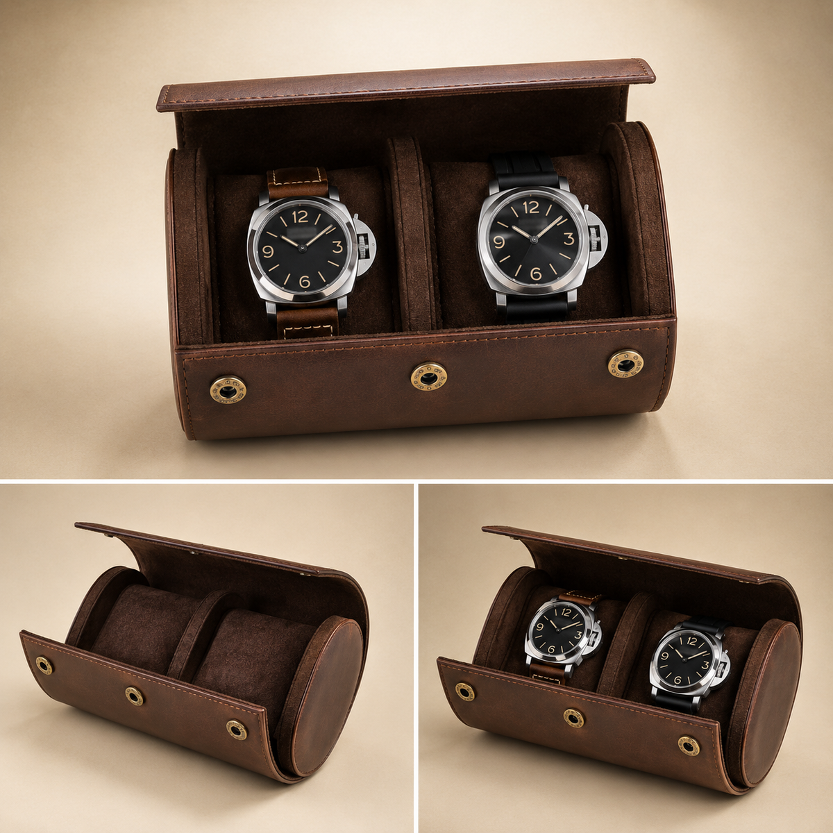 Étui à montres en cuir marron : ouvert avec 2 montres, vide et avec montres différentes