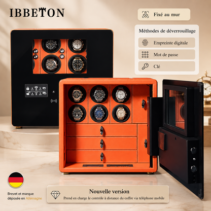 Coffre-fort remontoir automatique orange avec 6 montres et tiroirs, méthodes de déverrouillage : empreinte digitale, mot de passe, clé