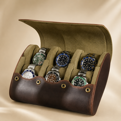Étui à montres de voyage en cuir marron, intérieur kaki, ouvert avec 6 montres – vue 2