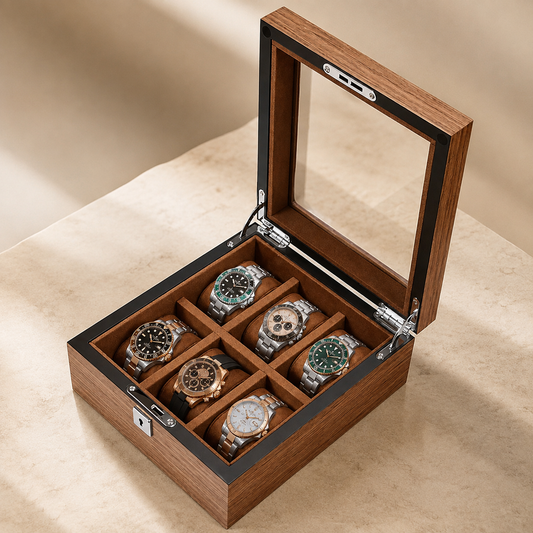 Boîte à montres en bois noyer ouverte avec 6 montres, couvercle vitré