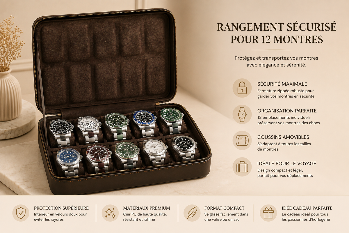 Infographie étui de voyage en cuir : rangement sécurisé, organisation, coussins amovibles, idéal voyage