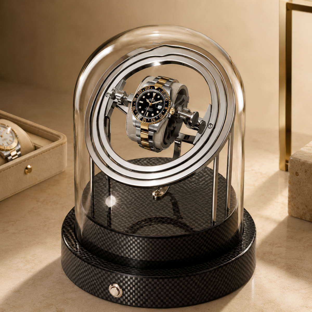 Remontoir gyroscopique noir carbone avec montre bicolore sous cloche