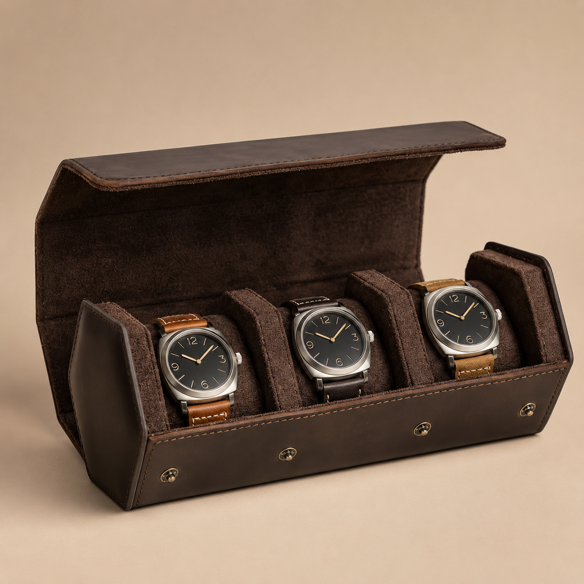 Étui de voyage à montres en cuir nubuck marron, vue de face ouvert avec 3 montres