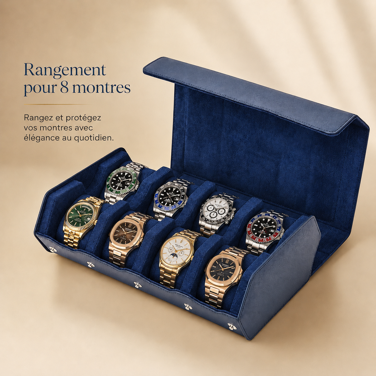 Boîte à montres en cuir bleu saphir ouverte avec 8 montres – vue 3