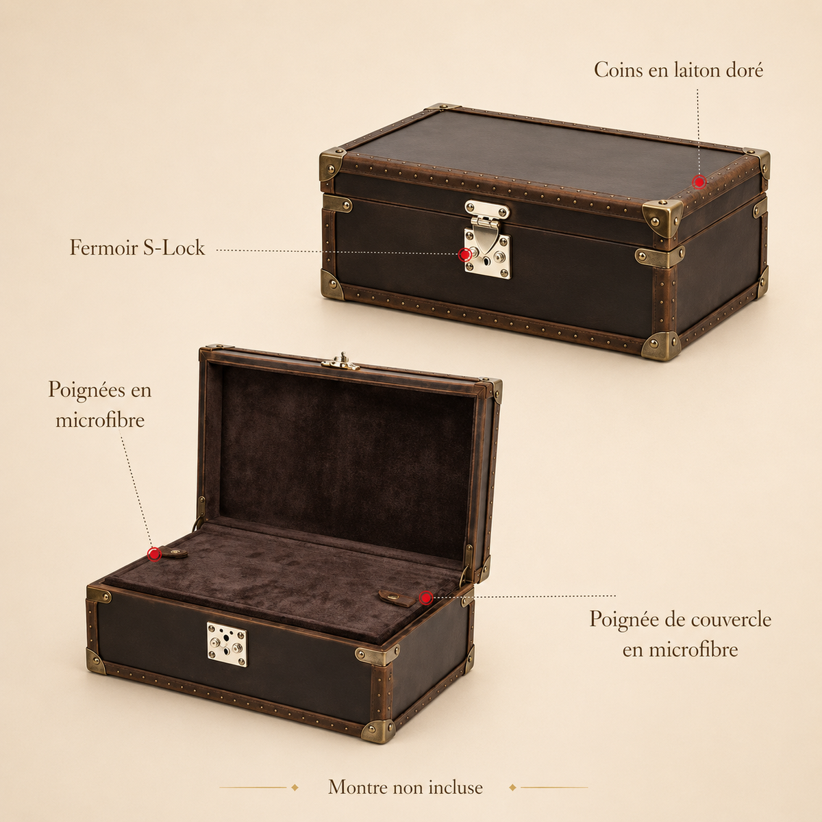 Infographie de la malle en cuir nubuck marron : coins en laiton, fermoir sécurisé, poignées en microfibre (montre non incluse)