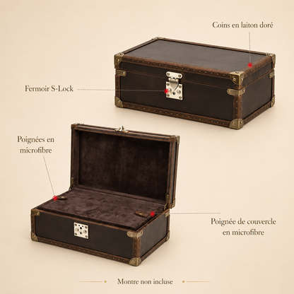 Infographie de la malle en cuir nubuck marron : coins en laiton, fermoir sécurisé, poignées en microfibre (montre non incluse)