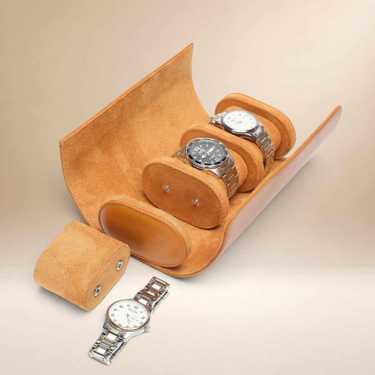 Lot de 3 Étuis à Montre en Cuir Caramel PU – 1, 2 et 3 Montres