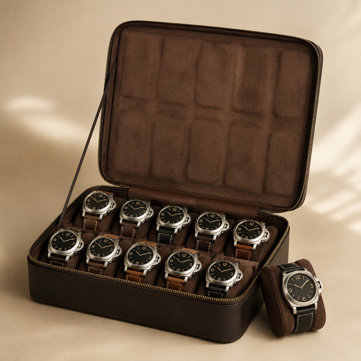 Étui à montres en cuir marron ouvert avec 10 montres et 1 montre posée à côté