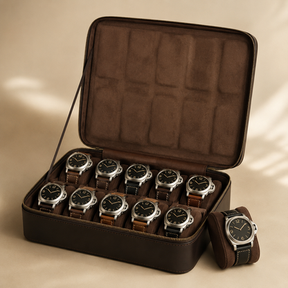 Étui à montres en cuir marron ouvert avec 10 montres et 1 montre posée à côté