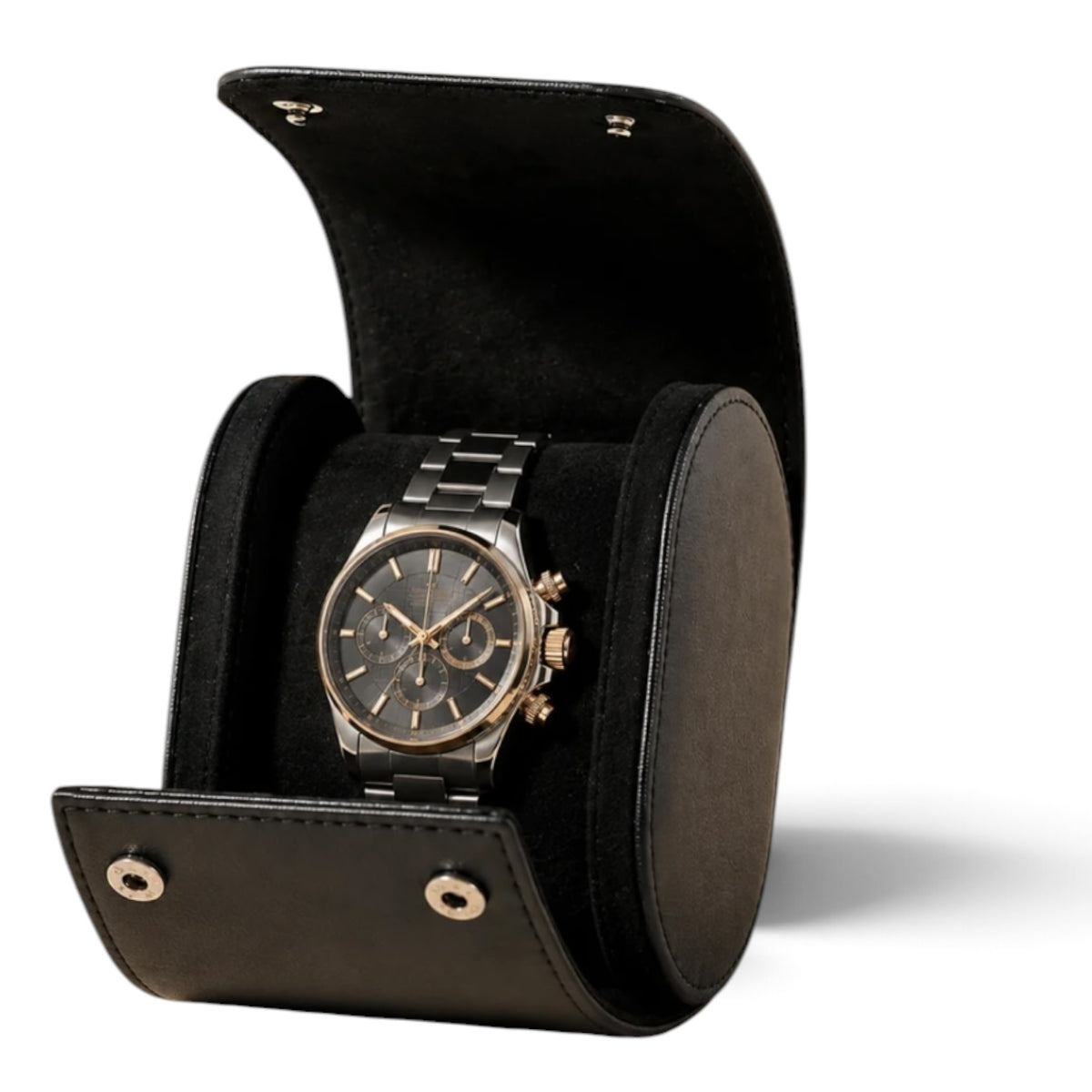Étui à montre en cuir noir ouvert avec 1 montre