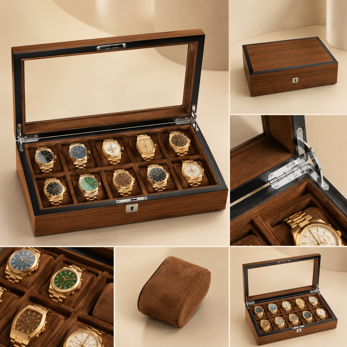 Boîte à montres en bois marron, collage : boîte ouverte avec 10 montres, fermée, charnière et coussin