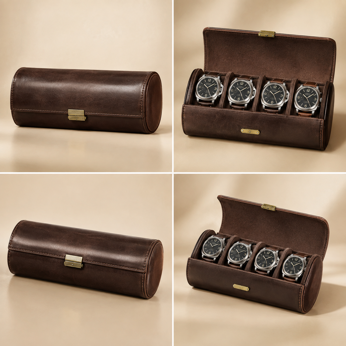 Étui roulé en cuir marron : fermé et ouvert avec 4 montres, plusieurs vues