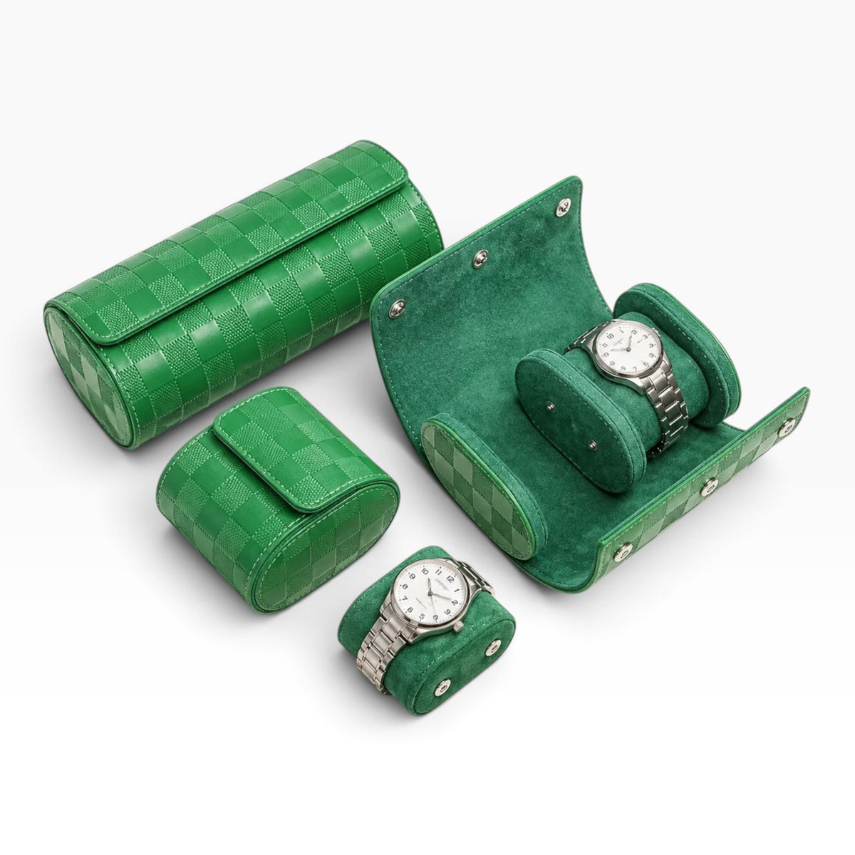 Lot de 3 Étuis à Montre en Cuir PU Matelassé Vert – 1, 2 et 3 Montres
