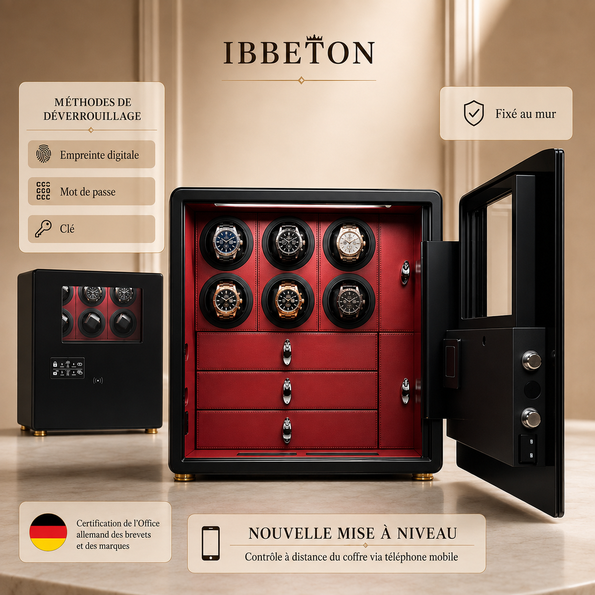 Coffre-fort remontoir automatique noir, intérieur rouge bordeaux avec 6 montres et tiroirs, méthodes de déverrouillage