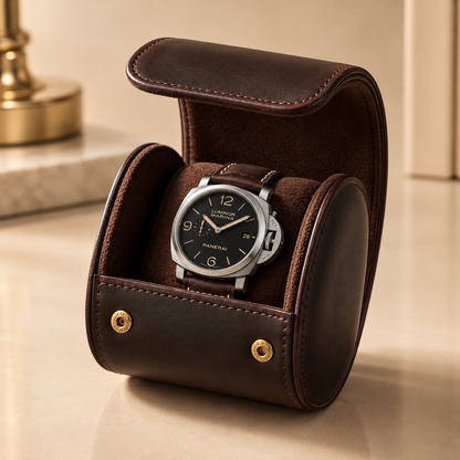 Étui à montre de voyage en cuir Crazy Horse marron, ouvert avec 1 montre – vue 2