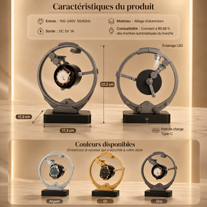 Remontoir automatique gyroscopique, caractéristiques : alliage d'aluminium, éclairage LED, port USB-C, coloris argent/or/gris