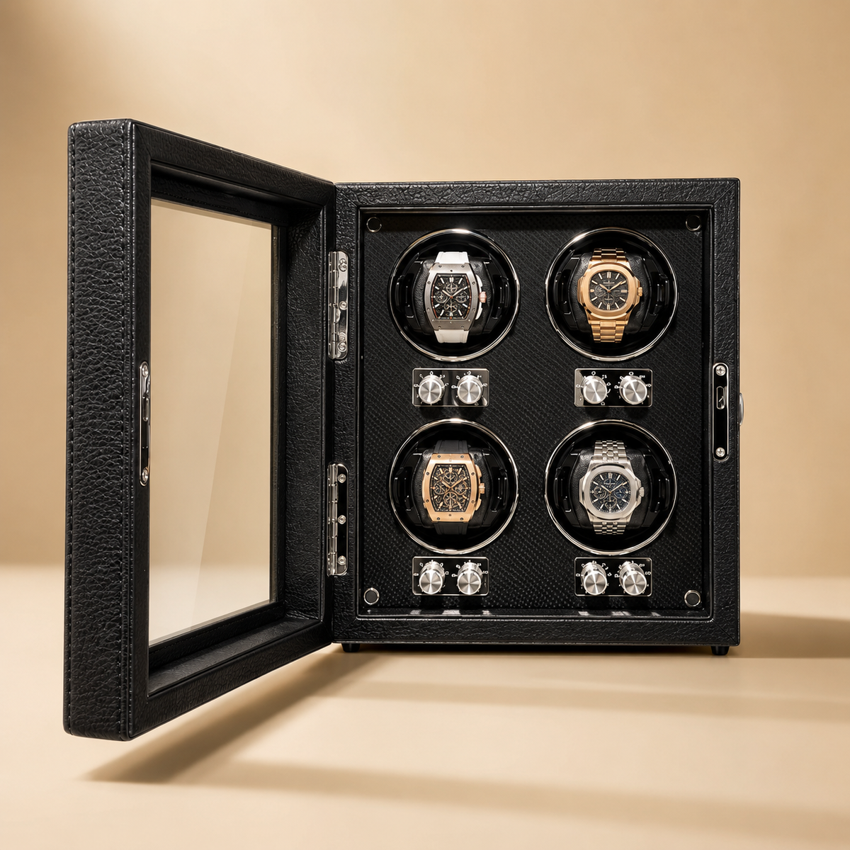 Remontoir pour montres automatiques en cuir PU noir, porte vitrée ouverte avec 4 montres, serrure visible