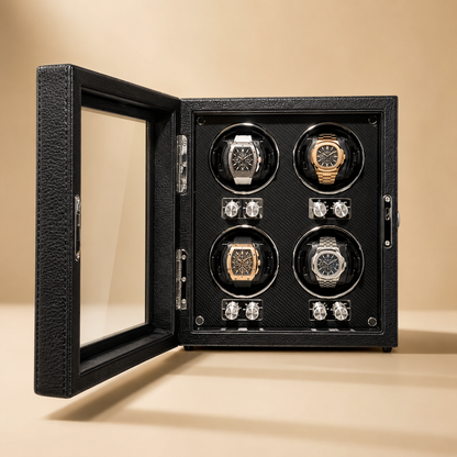 Remontoir pour montres automatiques en cuir PU noir, porte vitrée ouverte avec 4 montres, serrure visible