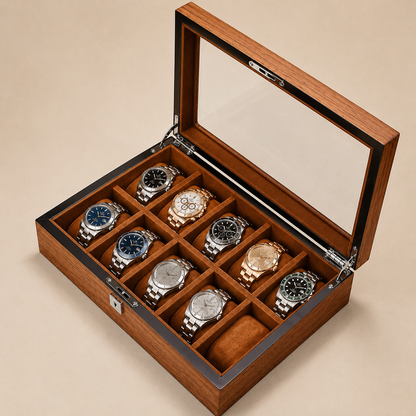 Boîte à montres en bois marron ouverte, 10 compartiments avec 9 montres – vue 2