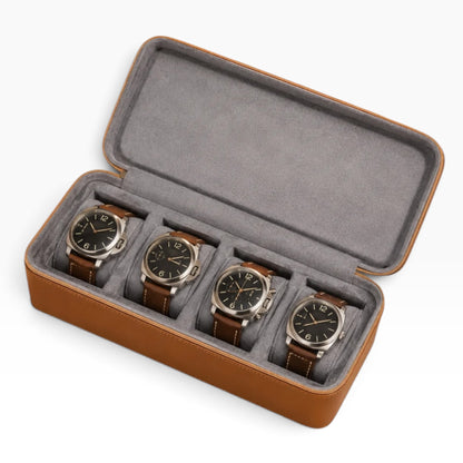 Étui à montres de voyage en cuir camel ouvert avec 4 montres
