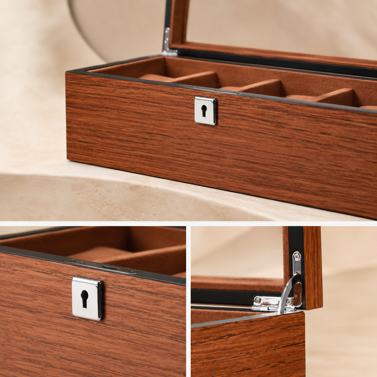 Boîte à montres en bois noyer, détails des compartiments, de la serrure et de la charnière