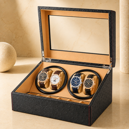 Remontoir automatique noir pour 4 montres, ouvert avec compartiment de rangement – vue 2