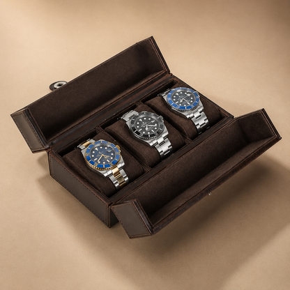Boîte à montres de voyage en cuir marron, ouverte avec 3 montres – vue 3