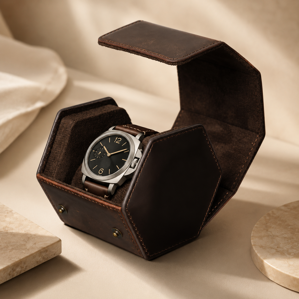 Étui à montre hexagonal en cuir marron ouvert avec 1 montre, mise en scène