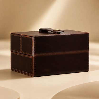 Boîte à montres de voyage en cuir véritable marron fermée, sangle et bouton-pression