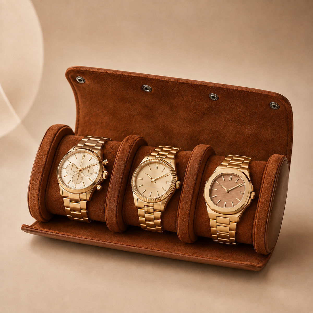 Étui à montres de voyage en cuir marron, ouvert avec 3 montres dorées