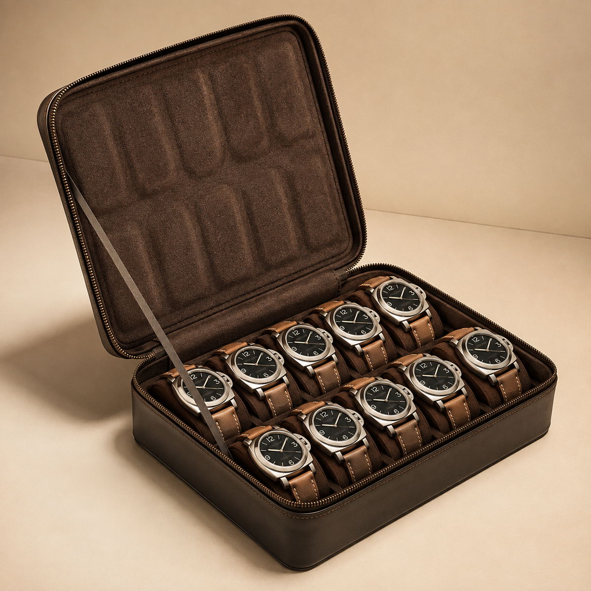 Étui à montres en cuir marron ouvert avec 10 montres, vue d'angle