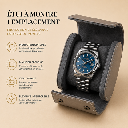Étui à montre en cuir gris ouvert avec 1 montre, visuel marketing