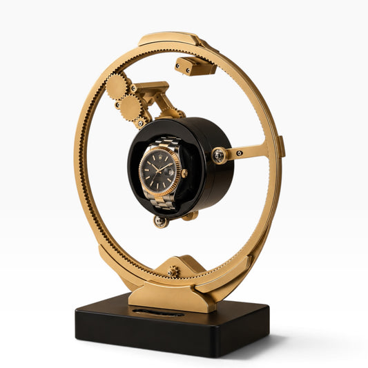 Remontoir automatique gyroscopique doré design planète, socle noir, 1 montre