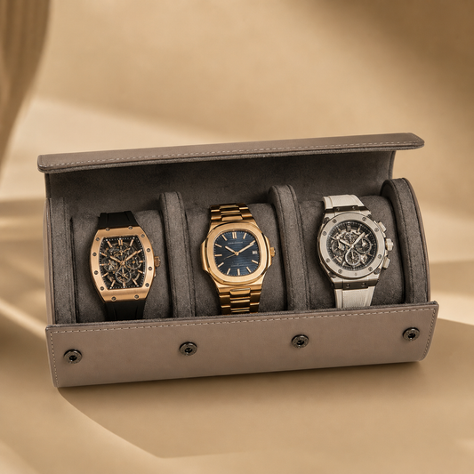 Étui à montre en cuir gris ouvert avec 3 montres – vue 2