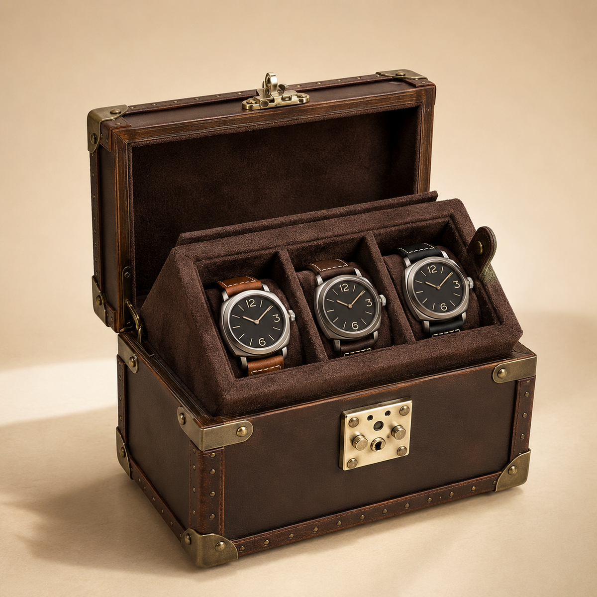 Malle à montres en cuir marron ouverte avec 3 montres, vue de face