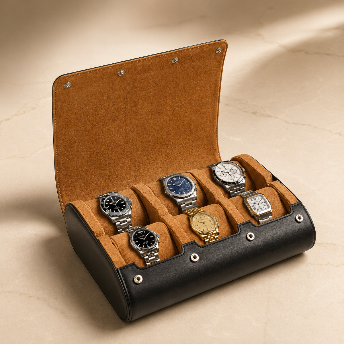 Étui à montres de voyage en cuir végan noir et ocre, ouvert avec 6 montres – vue 2