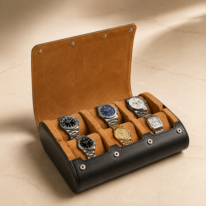 Étui à montres de voyage en cuir végan noir et ocre, ouvert avec 6 montres – vue 2