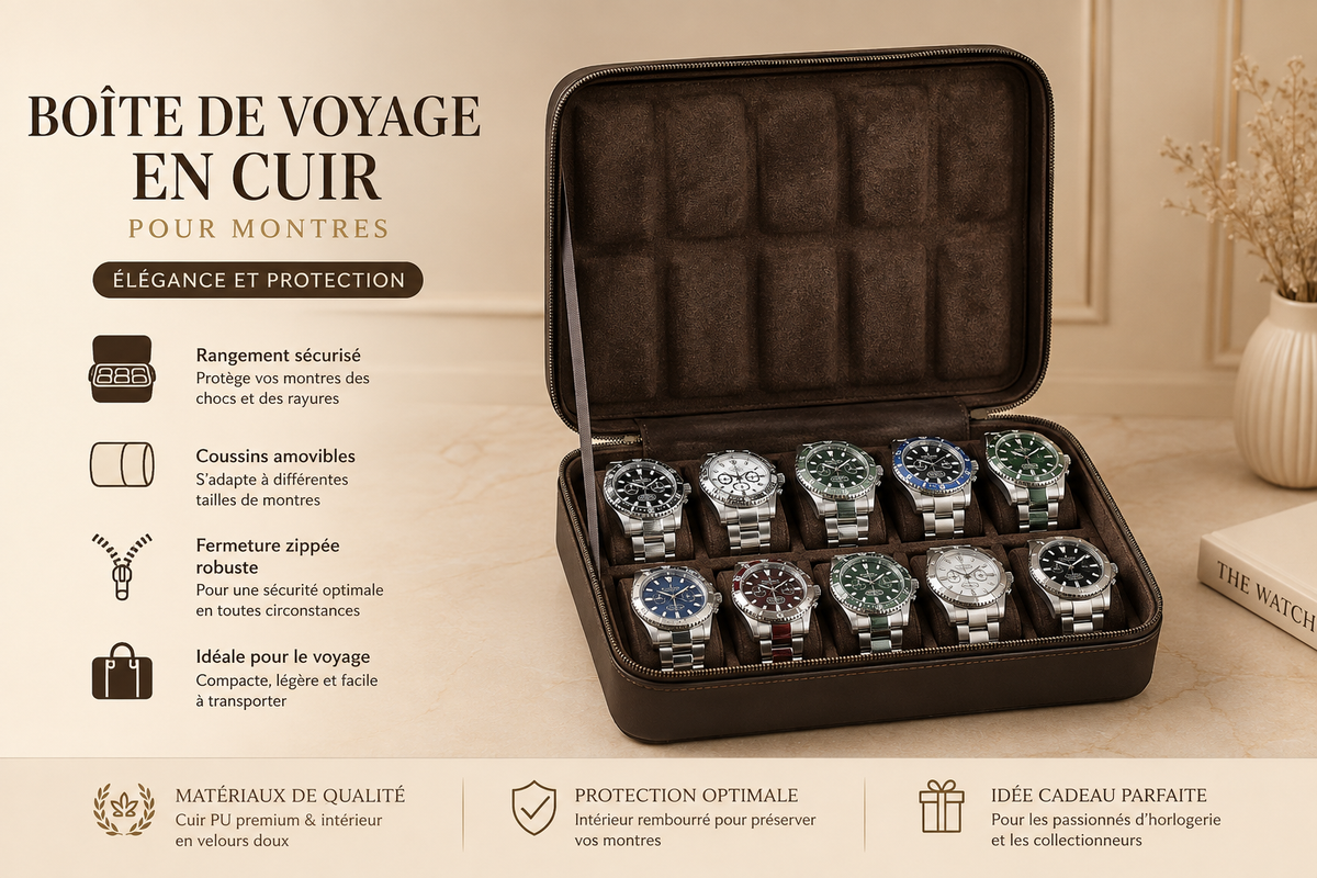 Infographie étui de voyage en cuir avec 10 montres : rangement sécurisé, coussins amovibles, fermeture zippée
