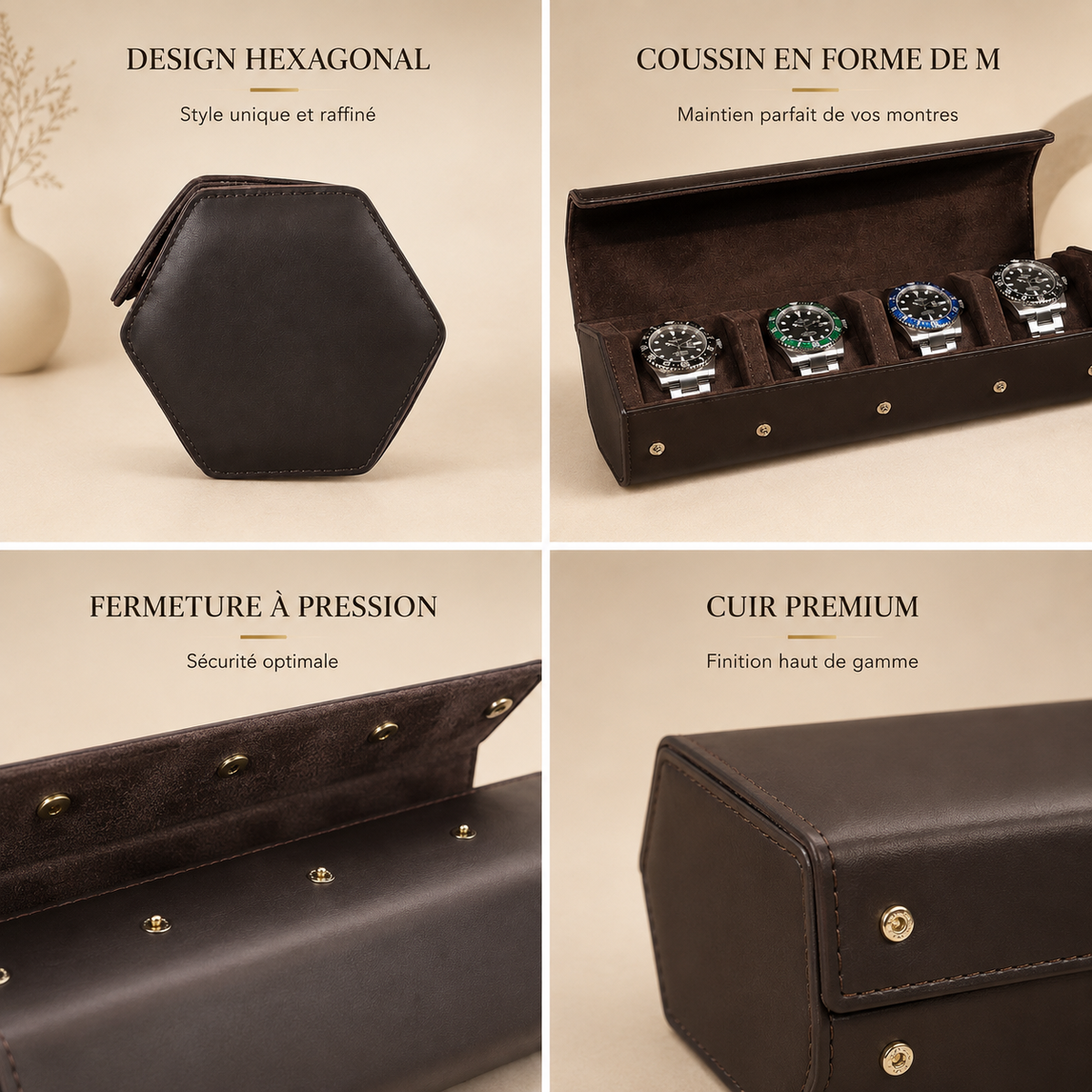 Étui à montres en cuir marron, détails du design hexagonal et de la fermeture
