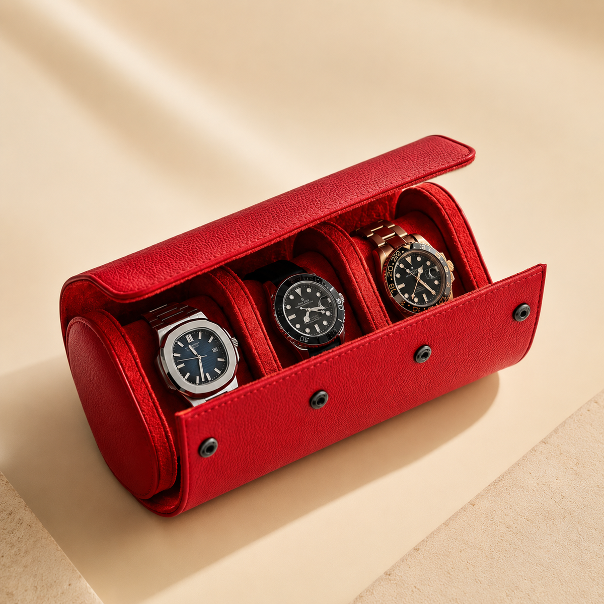 Étui à montre en cuir rouge ouvert avec 3 montres – vue 3