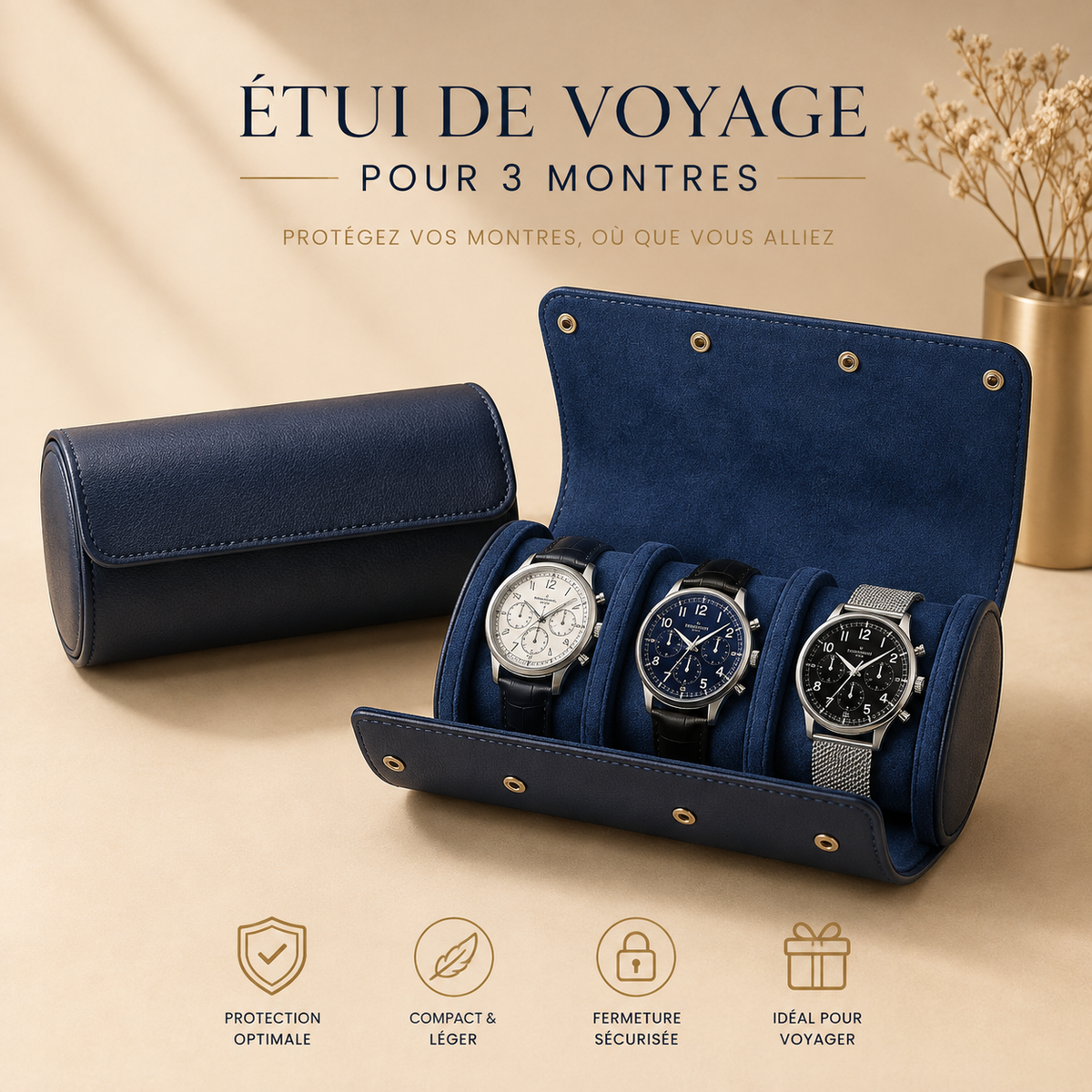 Étui à montres en cuir bleu saphir fermé et ouvert avec 3 montres