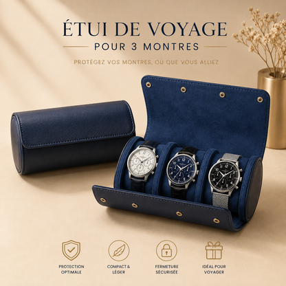 Étui à montres en cuir bleu saphir fermé et ouvert avec 3 montres